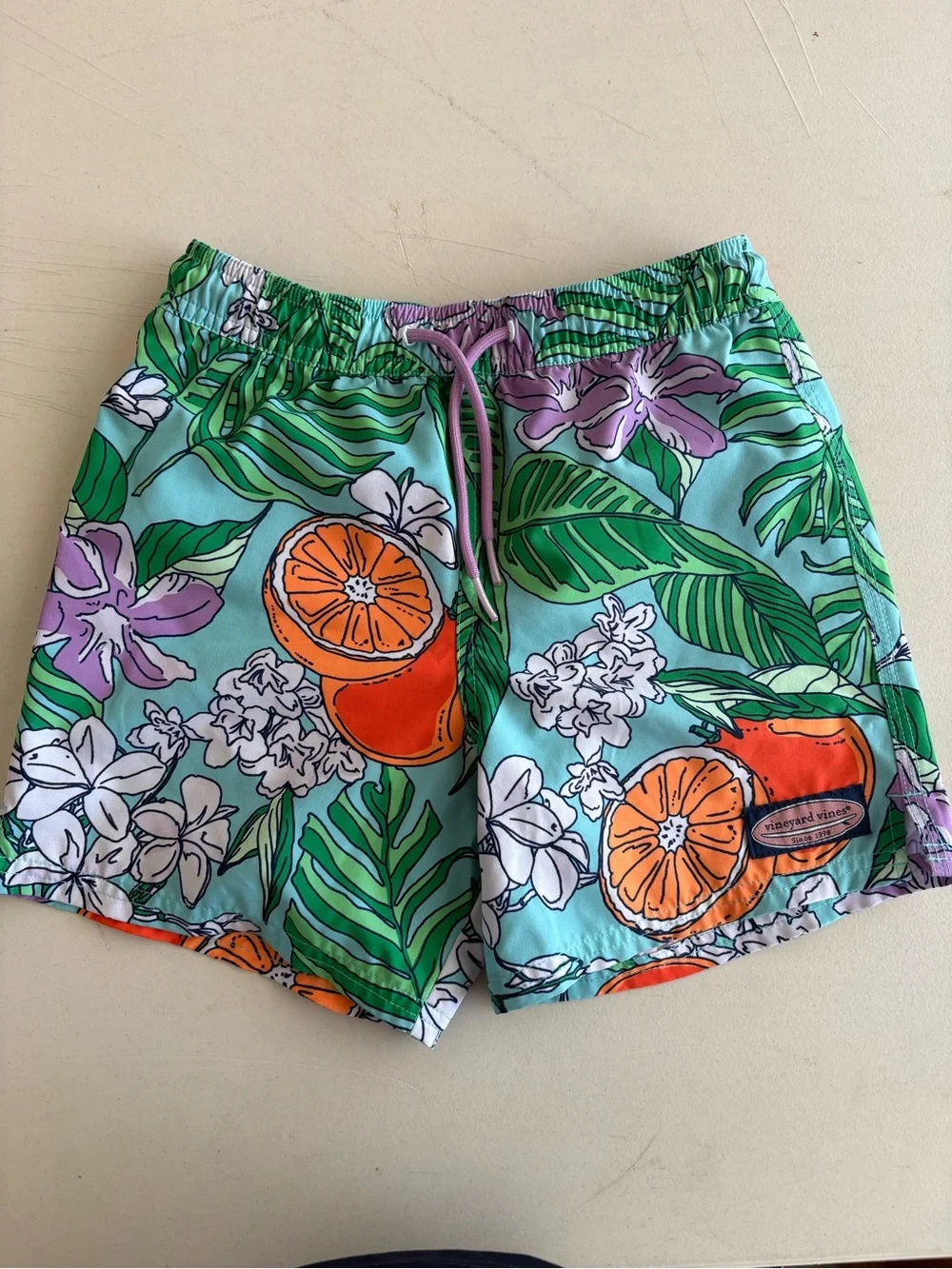 Vineyard Vines Aqua Tropical Orange & Green Floral Swim Shorts
